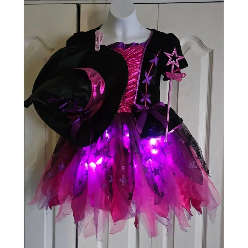 Sparkle Light-Up Witch Costume Girls 4-6 Hat Wand Pretty Pink Purple Sparkly